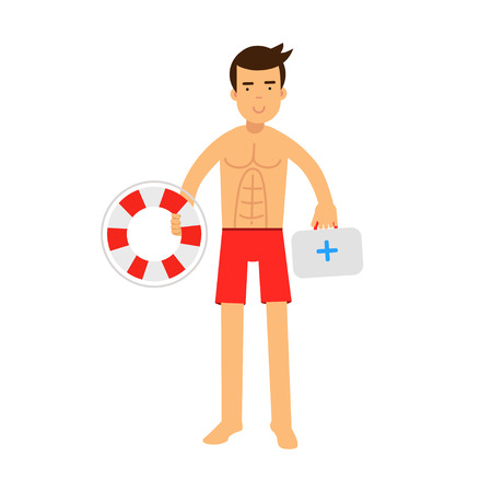 Lifeguard man character on duty holding lifebuoy and first aid kit vector Illustrationのイラスト素材