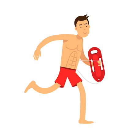 Lifeguard man character on duty running with life preserver buoy vector Illustrationのイラスト素材