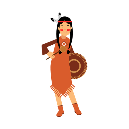 Native american indian girl in traditional costume playing on a tambourine vector Illustration isolated on a white backgroundのイラスト素材