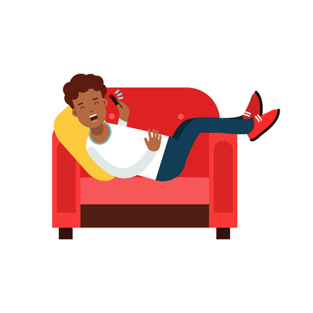 Black young man lying on a red armchair and talking on cellphone vector Illustration isolated on a white backgroundのイラスト素材
