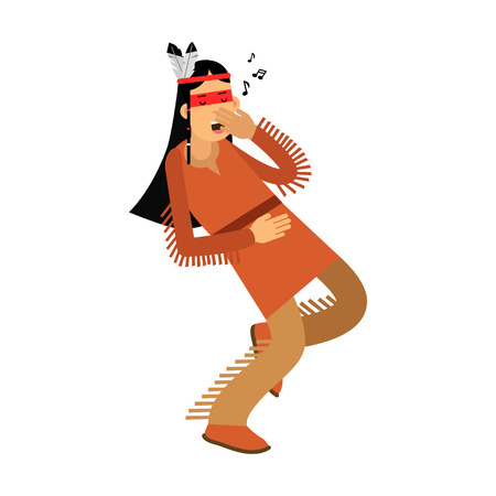 Native american indian girl in traditional costume singing a song vector Illustration isolated on a white backgroundのイラスト素材