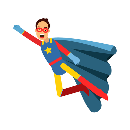 Young masked man in a superhero costume and blue cape flying vector Illustrationのイラスト素材