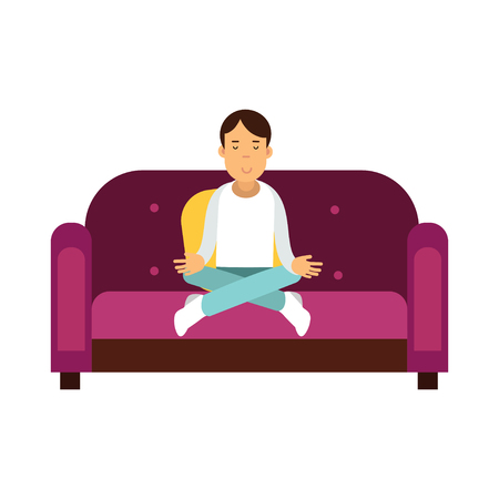 Young man sitting on a sofa and meditating in lotus pose vector Illustrationのイラスト素材