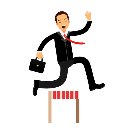 Businessman character racing over hurdle obstacles, business competition vector Illustrationのイラスト素材