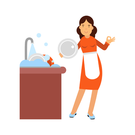 Beautiful young brunette woman housewife washing dishes in the kitchen, home cleaning and homework vector Illustrationのイラスト素材