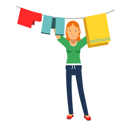 Beautiful young redhead woman hanging wet clothes out to dry, home cleaning and homework vector Illustrationのイラスト素材