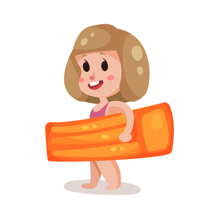 Little girl with orange inflatable mattress, kid ready to swim colorful character vector Illustrationのイラスト素材
