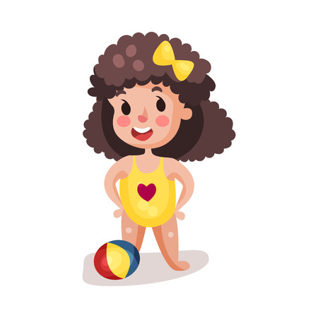 Little boy wearing yellow swimsuit playing with a ball, kid having fun on the beach colorful character vector Illustrationのイラスト素材