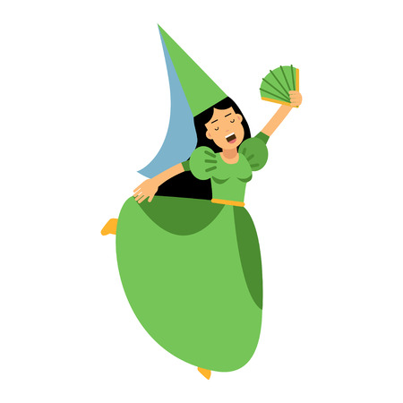 Medieval actress girl character in a green dress and pointed hat, colorful vector Illustrationのイラスト素材