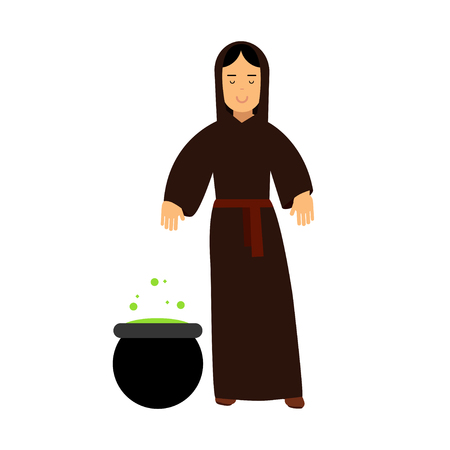 Young witch in black dress cooking potion, fairytale or medieval character colorful vector Illustrationのイラスト素材