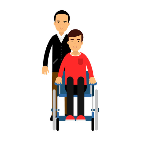 Disabled man in wheelchair, friend or social worker helping him colorful vector Illustrationのイラスト素材