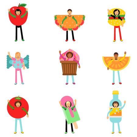 People wearing fast food healthy snacks costumes set, men and women advertising menu of restaurants and cafes colorful characters vector Illustrations isolated on white backgroundのイラスト素材