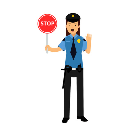 Policewoman character in a blue uniform showing Stop road sign vector Illustrationのイラスト素材