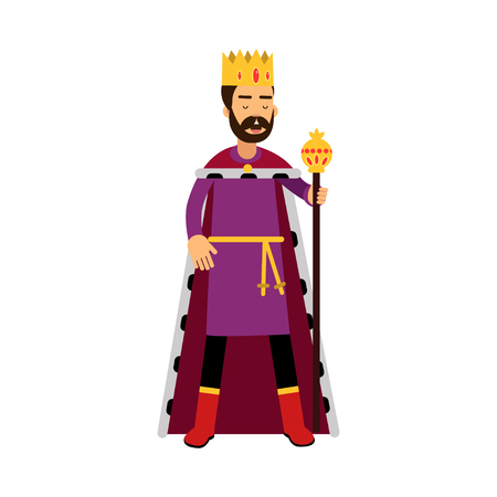 Majestic king in gold crown standing and holding scepter.のイラスト素材