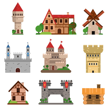Medieval historical buildings of different countries set of cartoon vector Illustrations on a white backgroundのイラスト素材