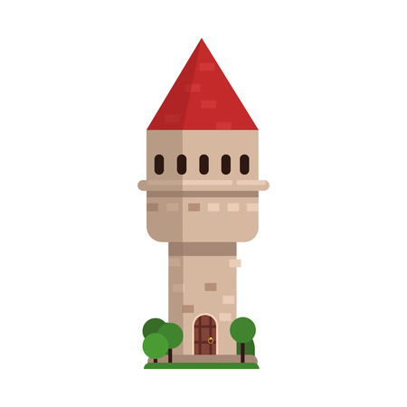 Old stone tower with red roof, medieval architecture building vector Illustration on a white backgroundのイラスト素材