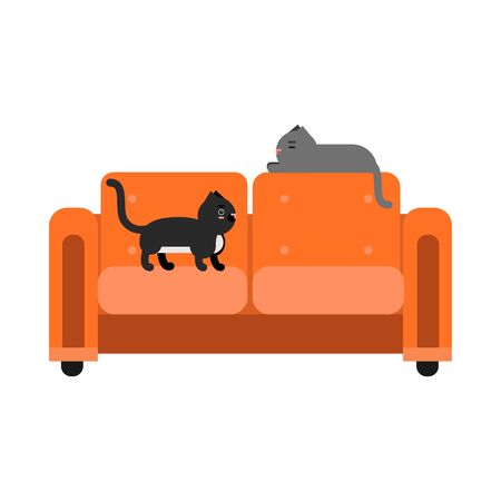 Cute black and grey cats sitting on an orange sofa, home pet resting cartoon vector Illustrationのイラスト素材