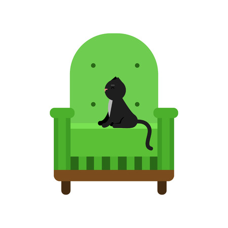 Cute black cat sitting on a green armchair, home pet resting cartoon vector Illustrationのイラスト素材