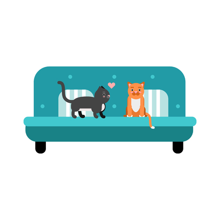 Cute black and red cats sitting on a turquoise sofa, home pet resting cartoon vector Illustrationのイラスト素材