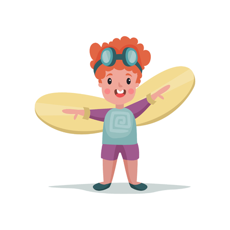 Cute little boy playing with wings, kid dreaming of becoming a spaceman vector Illustrationのイラスト素材