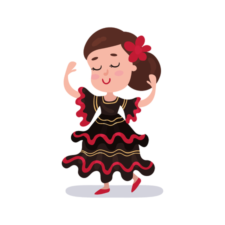 Little girl wearing red and black dress, national costume of Spain country colorful vector Illustrationのイラスト素材