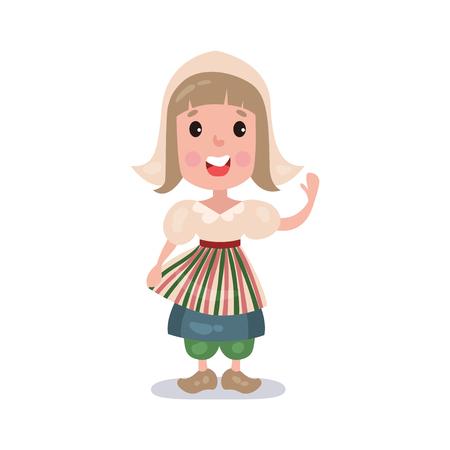 Little girl wearing traditional costume of Dutch country colorful vector Illustrationのイラスト素材