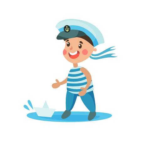Cute little boy in sailors costume playing with paper boat, kid dreaming of becoming a sailor vector Illustrationのイラスト素材