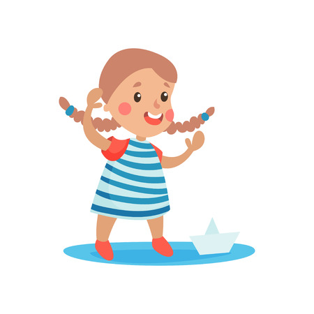 Cute little girl in sailors costume playing with paper boat, kid dreaming of becoming a sailor vector Illustrationのイラスト素材