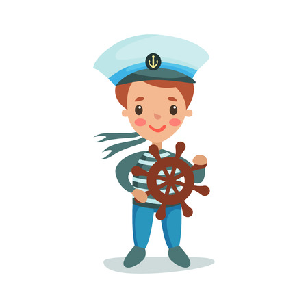 Cute little boy in sailors costume playing with wooden wheel, kid dreaming of becoming a sailor vector Illustration on a white backgroundのイラスト素材