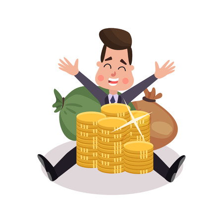 Happy millionaire character has a lot of money colorful vector Illustrationのイラスト素材