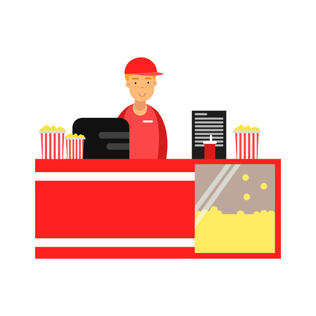 Salesman selling popcorn in cinema theatre vector Illustrationのイラスト素材