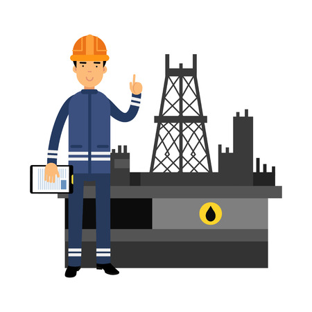 Oilman character in a blue uniform standing next to an oil rig drilling platform showing handのイラスト素材