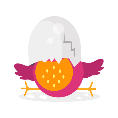 Cute newborn bird character, funny chick in egg shell cartoon vector Illustration on a white backgroundのイラスト素材