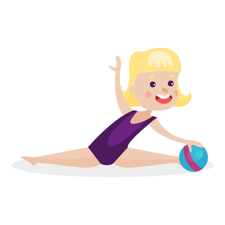 Cute blonde little girl performing gymnastic exercise, young gymnasts doing rhythmic gymnastics with ball colorful vector Illustrationのイラスト素材
