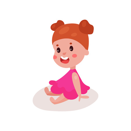 Cute redhead little girl sitting on the floor, kid learning and playing colorful cartoon vector Illustrationのイラスト素材