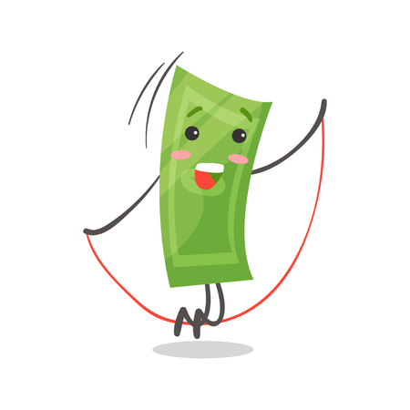 Cute smiling paper money humanized character jumping rope, money and finance concept cartoon vector Illustrationのイラスト素材