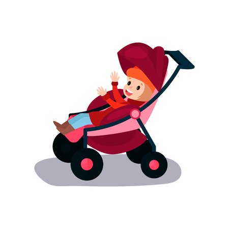 Sweet little kid sitting in a modern baby strollerのイラスト素材
