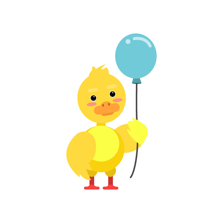 Funny little yellow duckling standing with blue air balloon cartoon character vector illustrationのイラスト素材