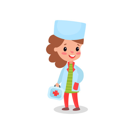 Smiling girl doctor in professional clothing with first aid kit, child playing doctor vector illustrationのイラスト素材
