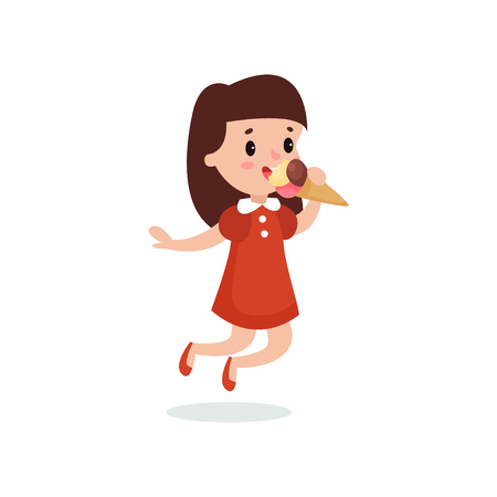 Happy brunette girl licking ice cream cartoon vector illustration isolated on a white backgroundのイラスト素材