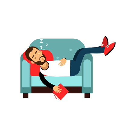 Bearded man sleeping on armchair with book, relaxing person cartoon vector illustration isolated on a white backgroundのイラスト素材