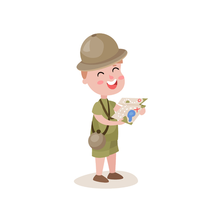 Excited little boy scout holding map in hands, summer camp activities.のイラスト素材