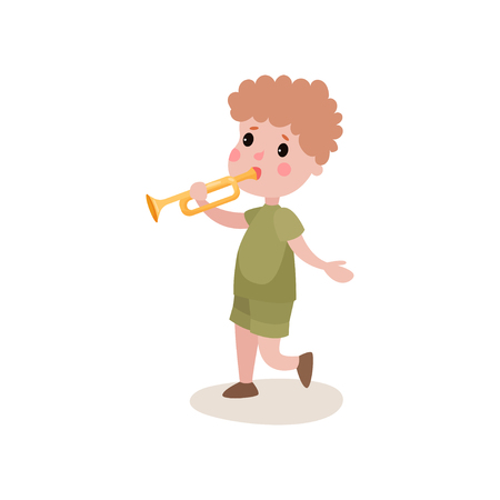 Boy scout character in khaki camping uniform, walking and playing the trumpetのイラスト素材