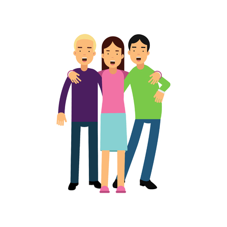 Group of tree best friends standing and hugging each other. Young girl and two boys happy friendship. Hug day. Young people, relationship. Flat vector cartoon characters illustration isolated on whiteのイラスト素材