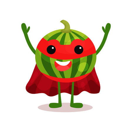 Cheerful cartoon character of watermelon superhero fruit standing with hands upのイラスト素材
