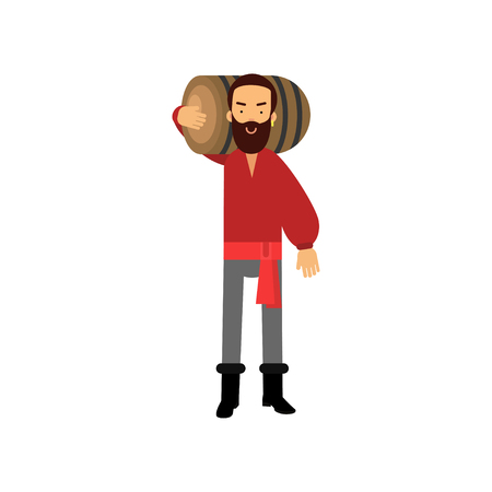 Cartoon bearded pirate man character in classic clothing with barrel of rum on his shoulderのイラスト素材
