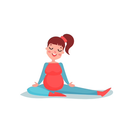 Young pregnant woman character doing stretching exercise. Yoga training for healthy pregnancy, physical activity.のイラスト素材