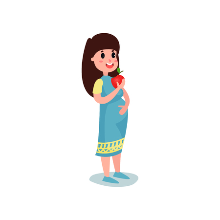 Cute pregnant woman character in blue dress eating red apple. Cheerful female expecting baby. Beautiful expectant mother.のイラスト素材