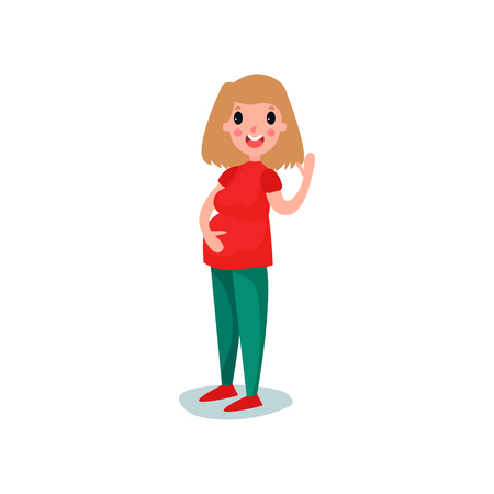 Pregnant woman character standing and waving her hand, other hand on her belly. Cheerful female expecting baby. Flat vector.の写真素材