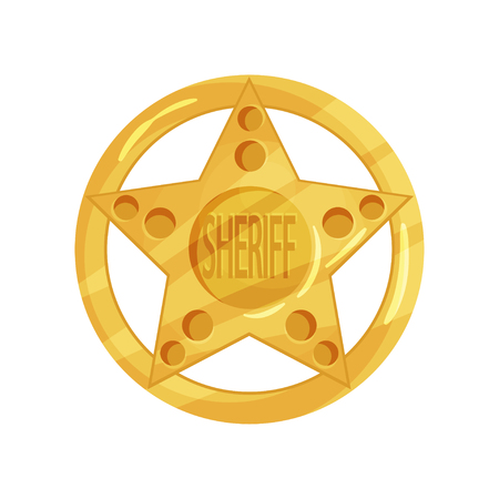 Shiny police officer badge in star shape with word sheriff. Cartoon vector illustration in flat style.のイラスト素材